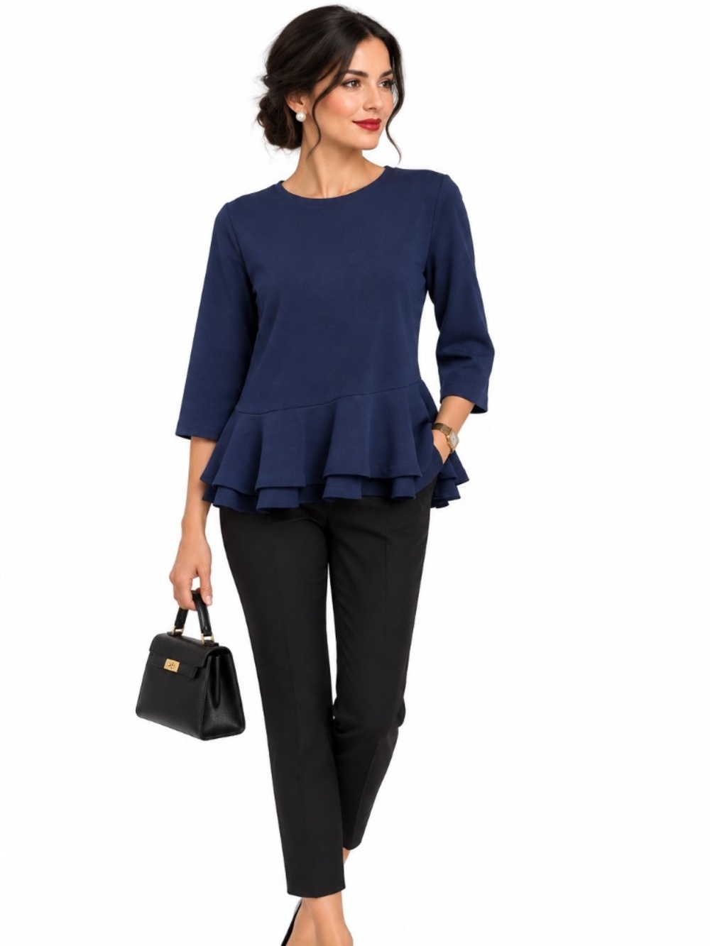 Banana Republic Navy Asymmetric Peplum Top S Scuba Knit Ruffle